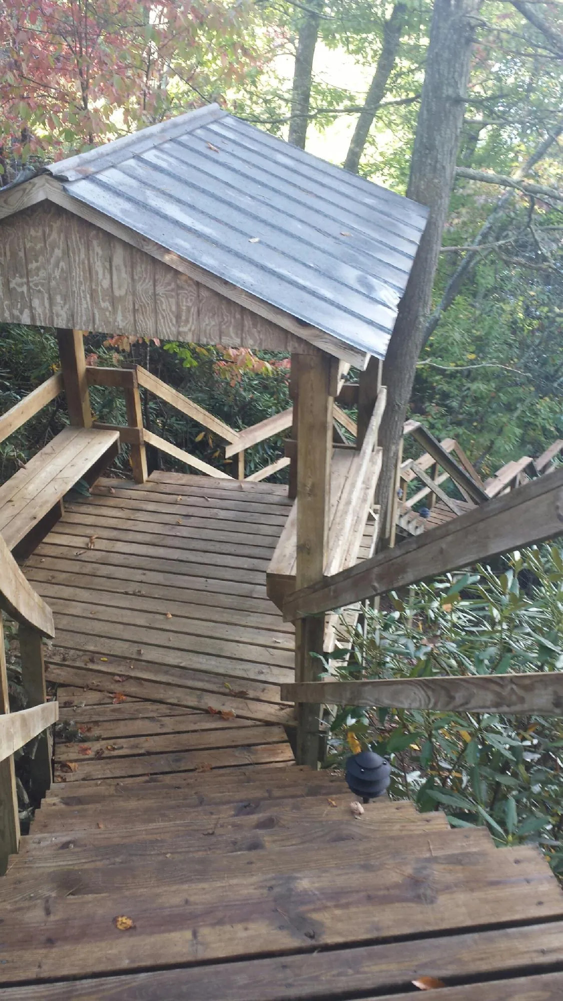 Metal roofed shelter over wooden steps on a wooded walkway — Skylight Repair & Installation work by our crew in Avilla